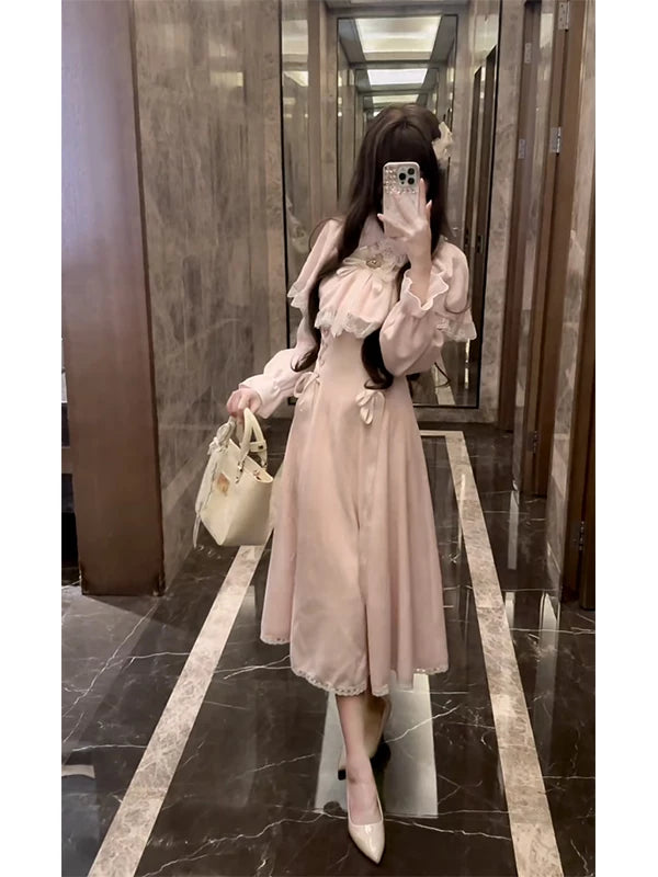 Creamy - Pink Lace Cape - Pink Dress with Bow Details