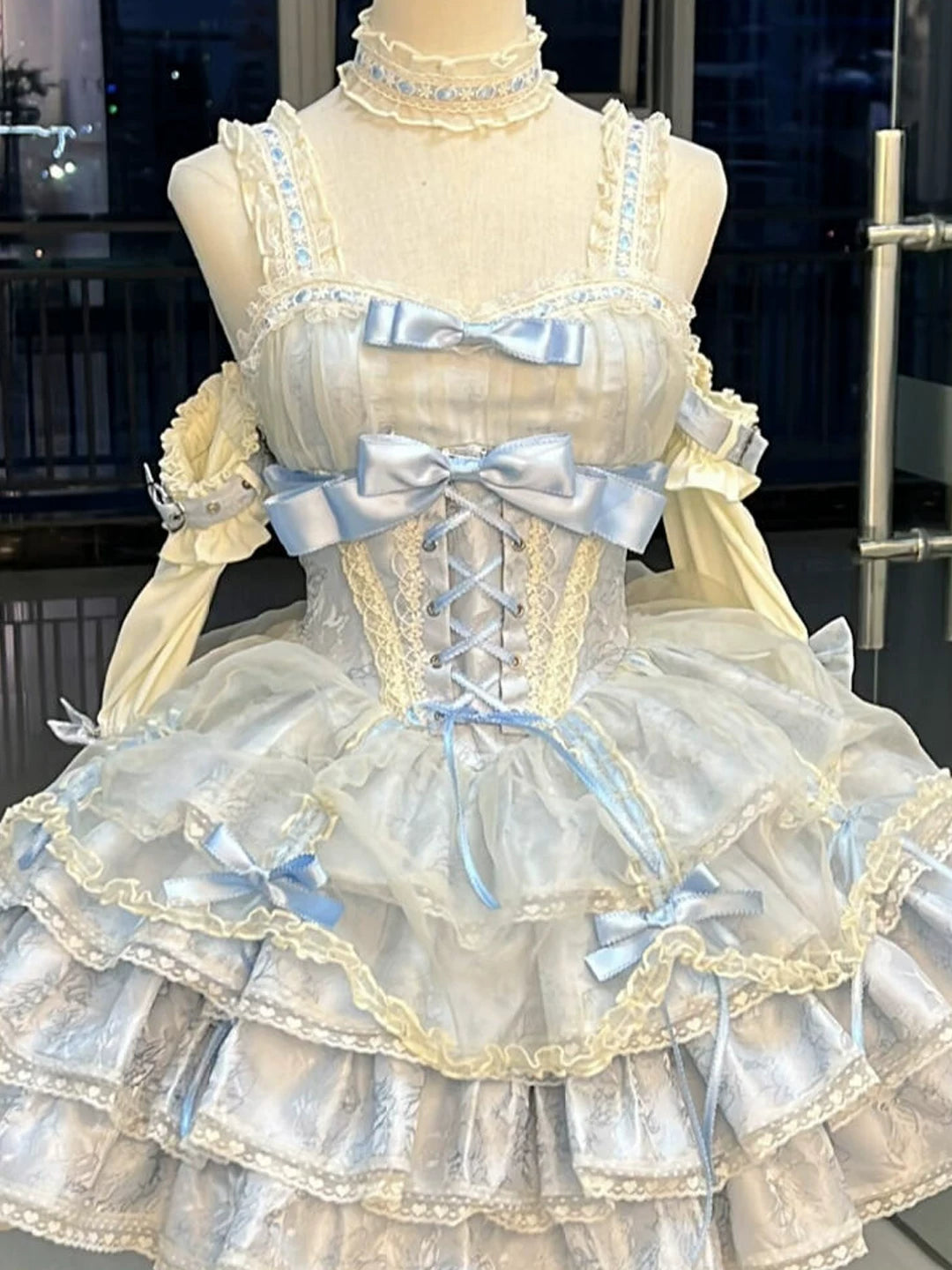 Creamy - Apricot Blue - JSK with Lace Layers and Corset Lacing