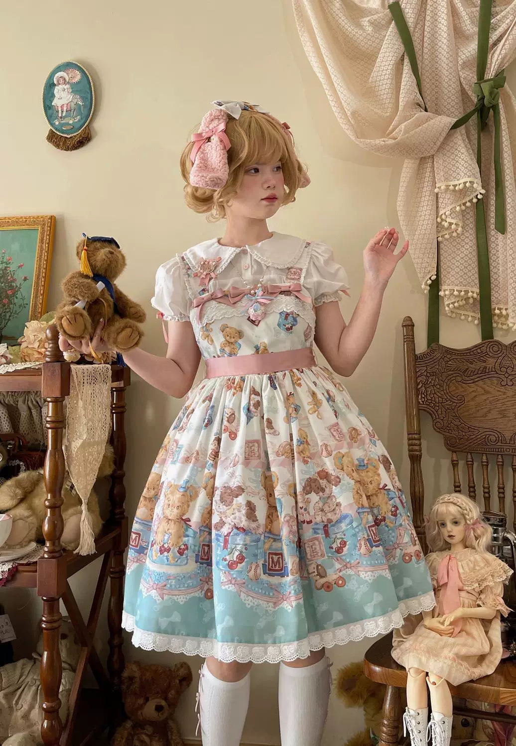 Sweetheart Dream Machine white puff-sleeve inner shirt with lace collar and pink ribbons