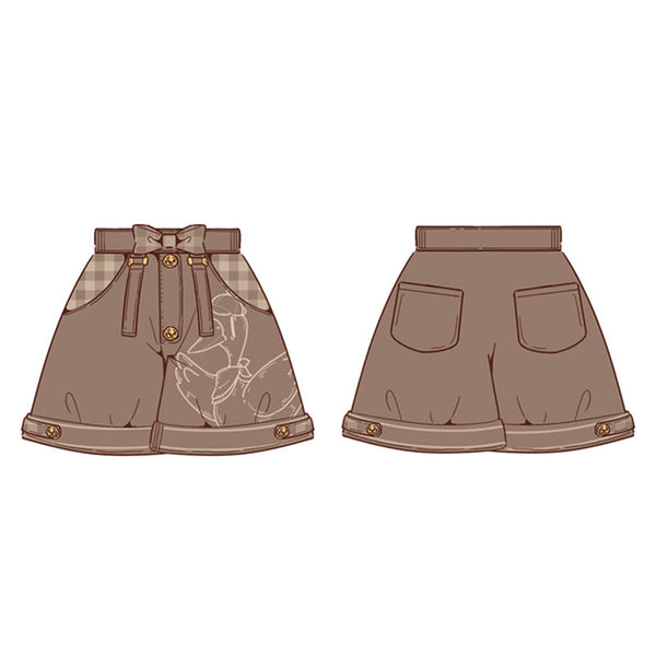 Illustrated Ouji shorts with suspenders, bow waist detail and swan motif.