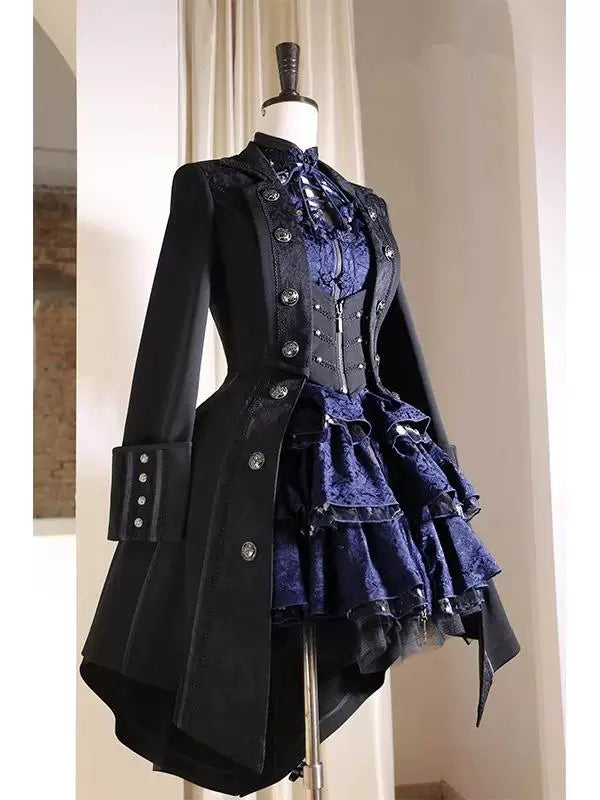 Creamy - Gothic Tailcoat - Black Long Coat with Decorative Button Rows