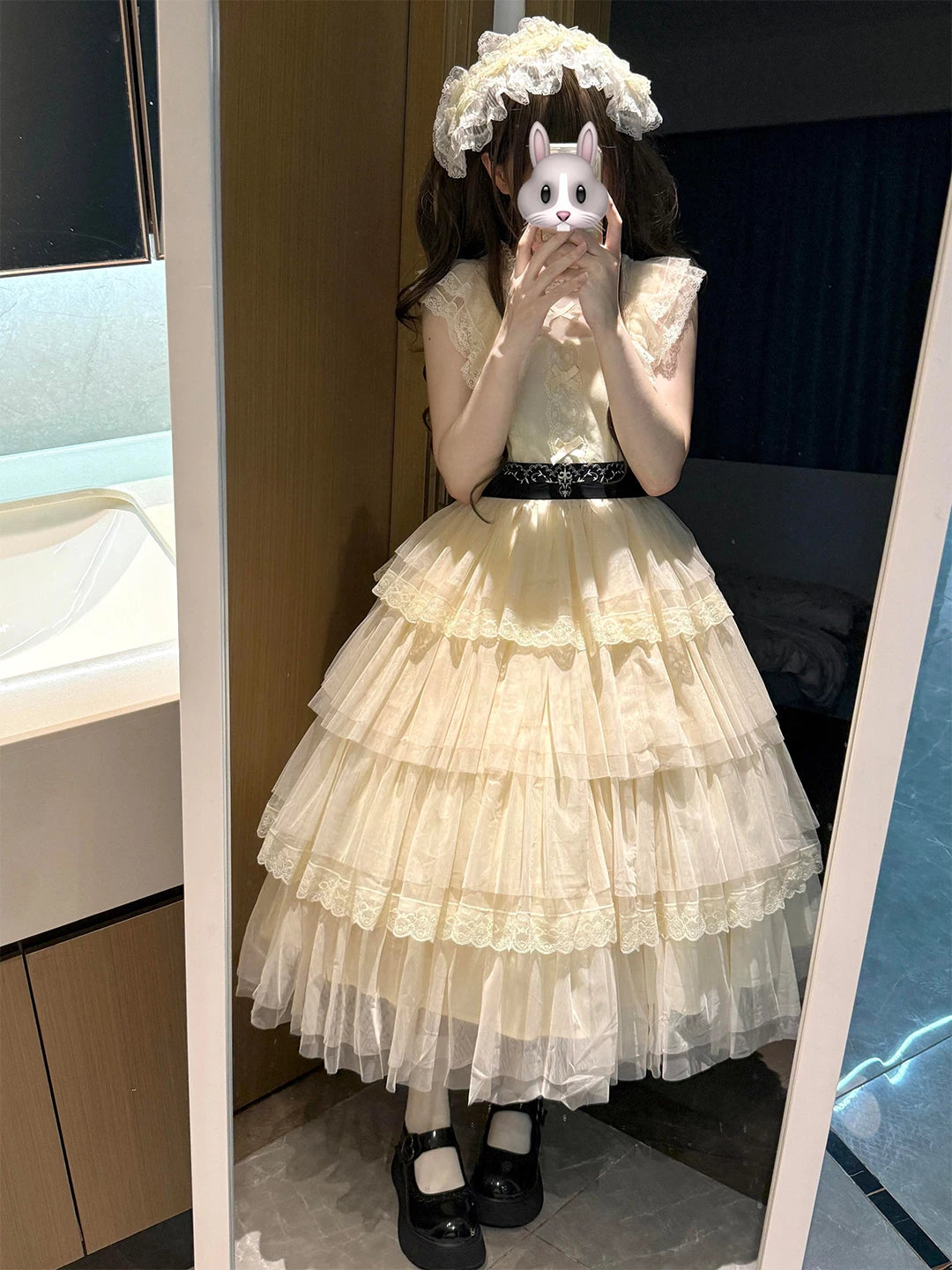 Creamy - Clear Sweet Lace - OP Dress with Tiered Lace Ruffles and Belt