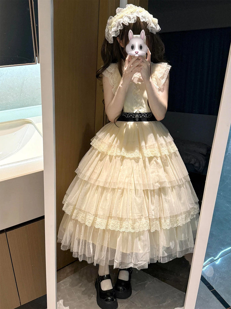 Creamy - Clear Sweet Lace - OP Dress with Tiered Lace Ruffles and Belt