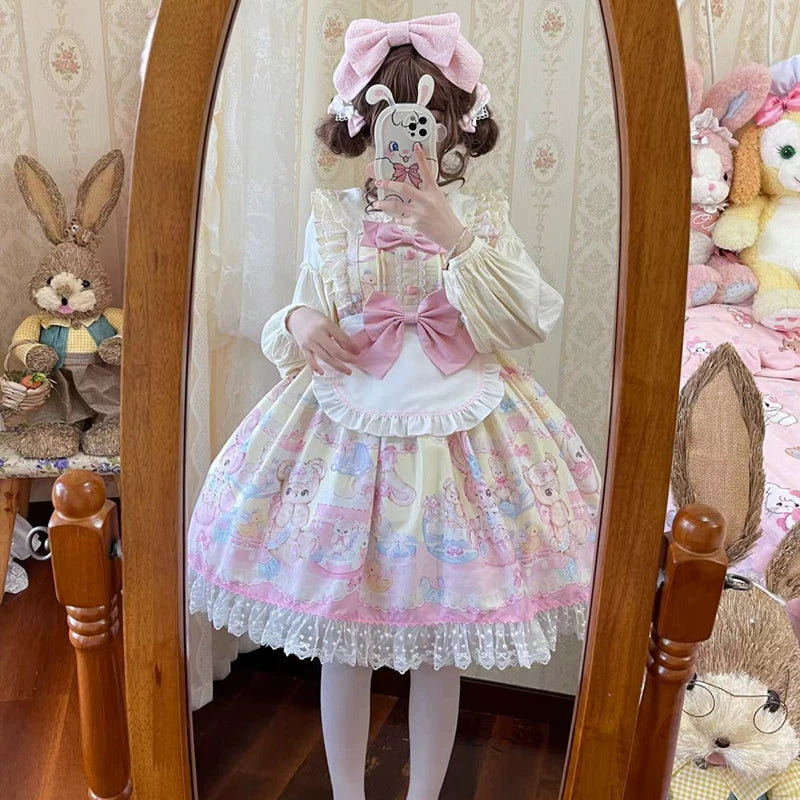 Lady Han Sweet Bunny Bear JSK Dress by Lolita Fetch featuring a cute bunny and bear print, pastel colors, and ruffled details.