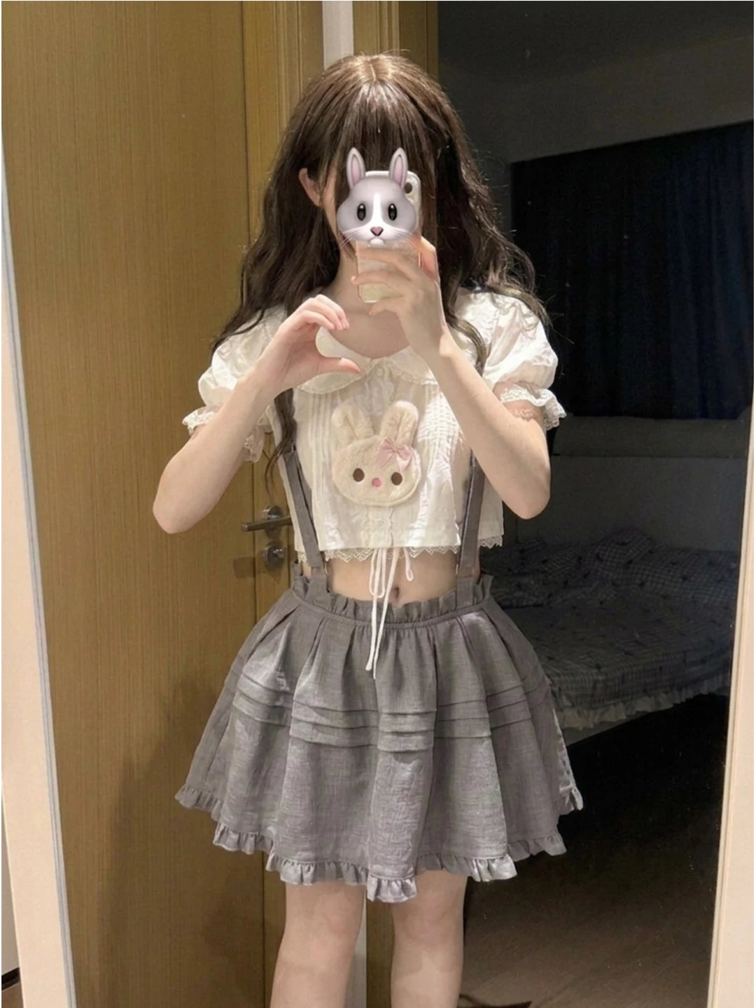 Creamy - Campus Rabbit - Three-Piece Top and Suspender Skirt Set with a Peter Pan Collar