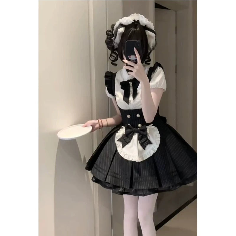 Creamy - Maid Stripe - Black-and-White Blouse and Dress Set with Bow Bib