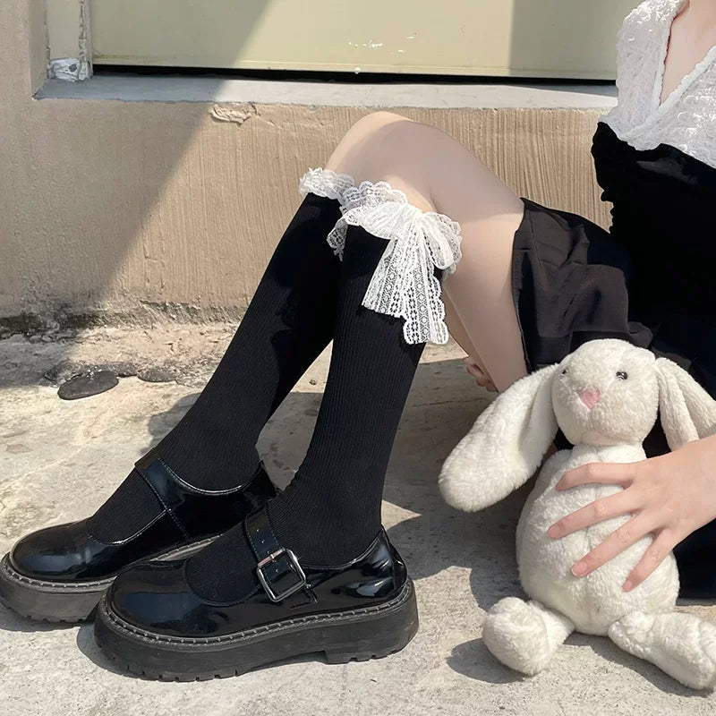 Floral Milk Cat - Lace Bow Tube - Tube Socks with Lace Cuffs and Bow Ties