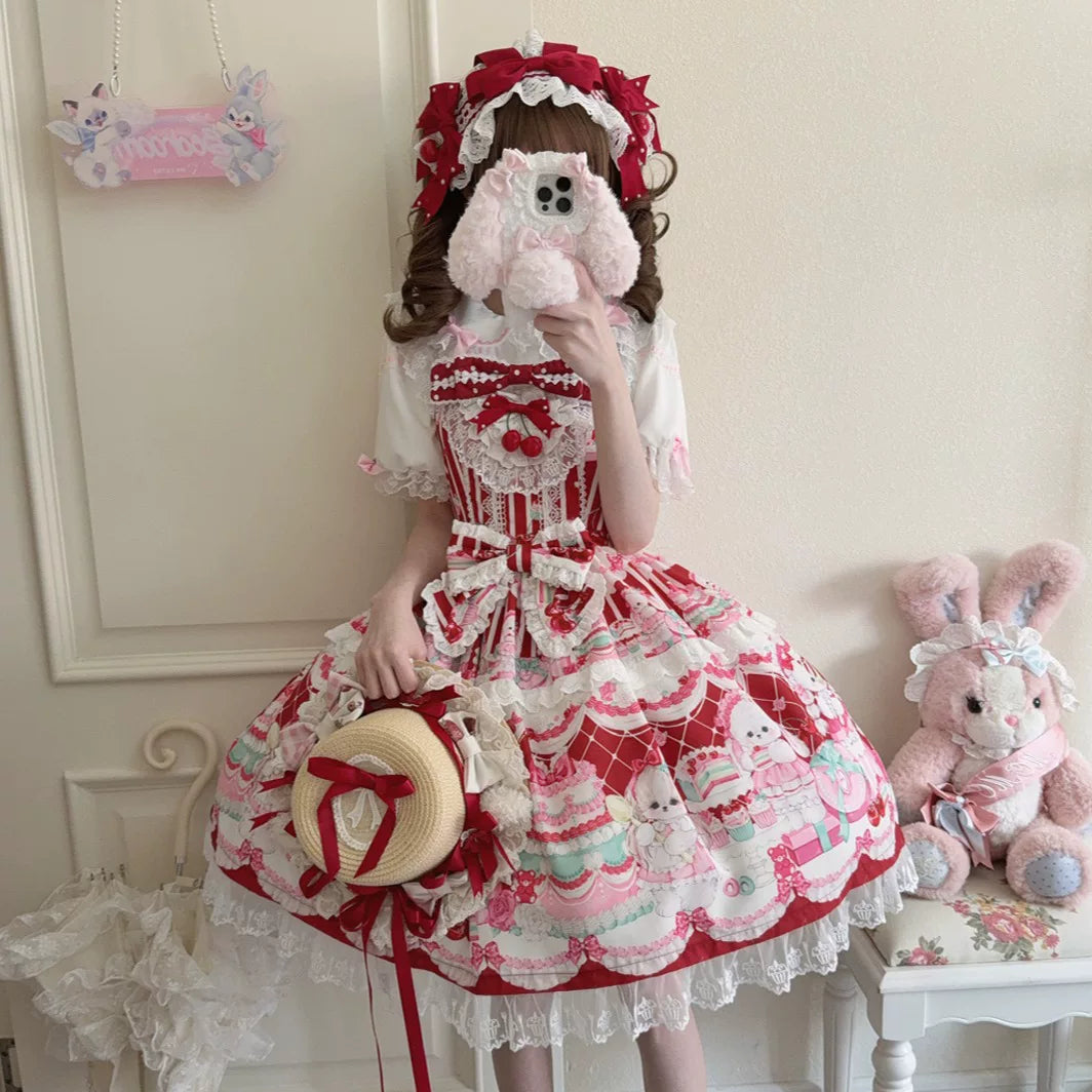 Lady Han Cherry Bake JSK dress by Lolita Fetch featuring a cherry pattern and classic lolita style design.