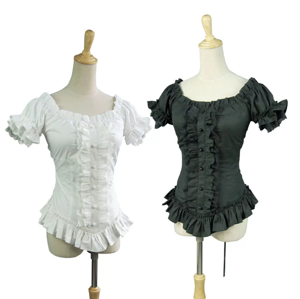 White off-shoulder ruffle blouse with lace-trimmed sleeves shown on a model.