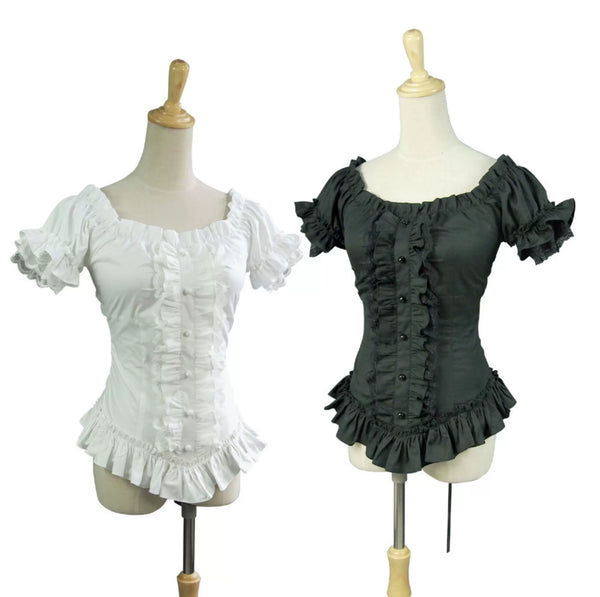 White off-shoulder ruffle blouse with lace-trimmed sleeves shown on a model.
