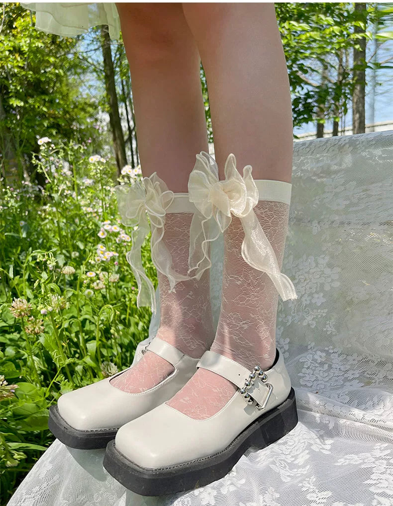 Sock Noble - Garden Ribbon - Mid-Calf Socks with a Floral Pattern and Sheer Bows