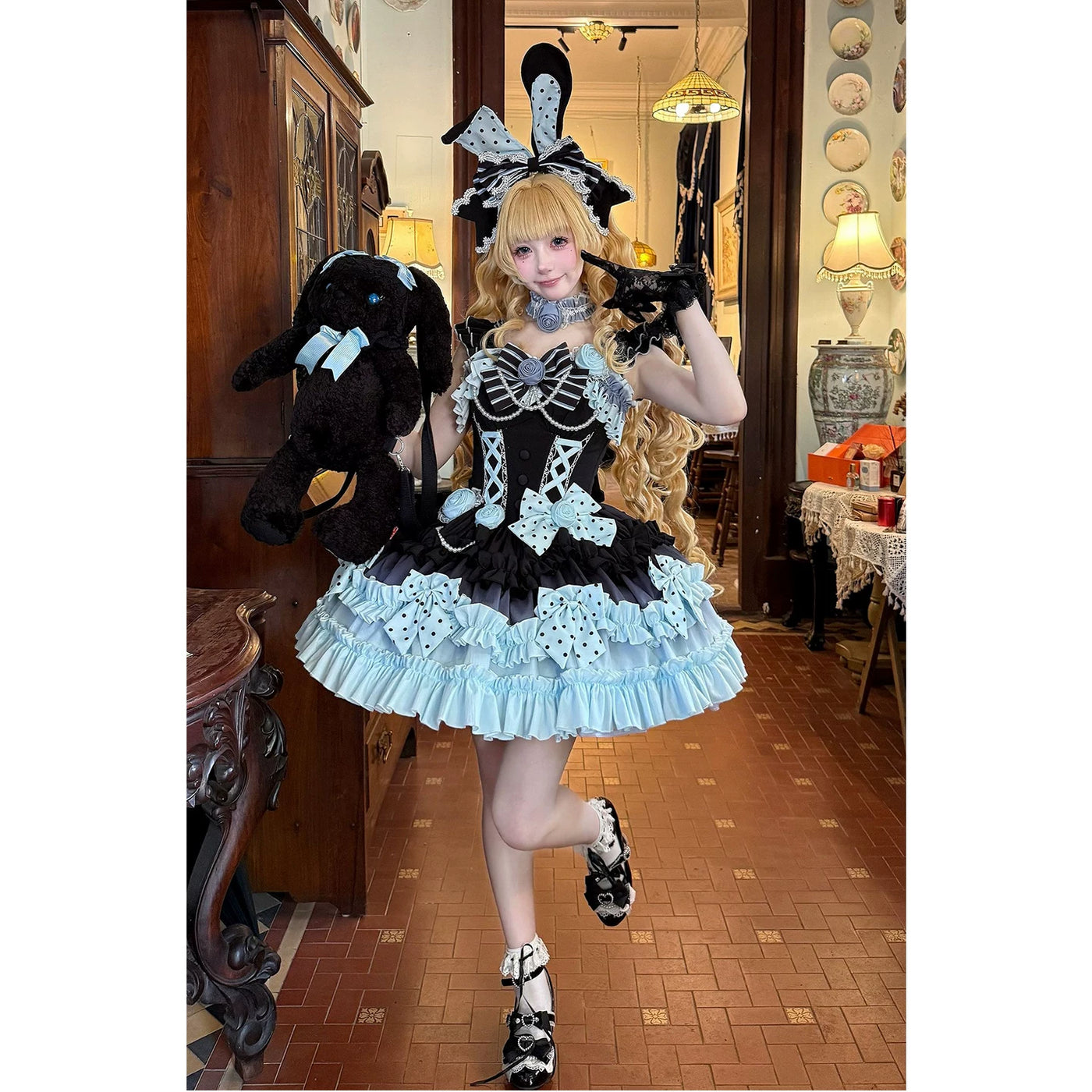 Creamy - Future Color - Black-and-light-blue JSK dress set with polka-dot bows