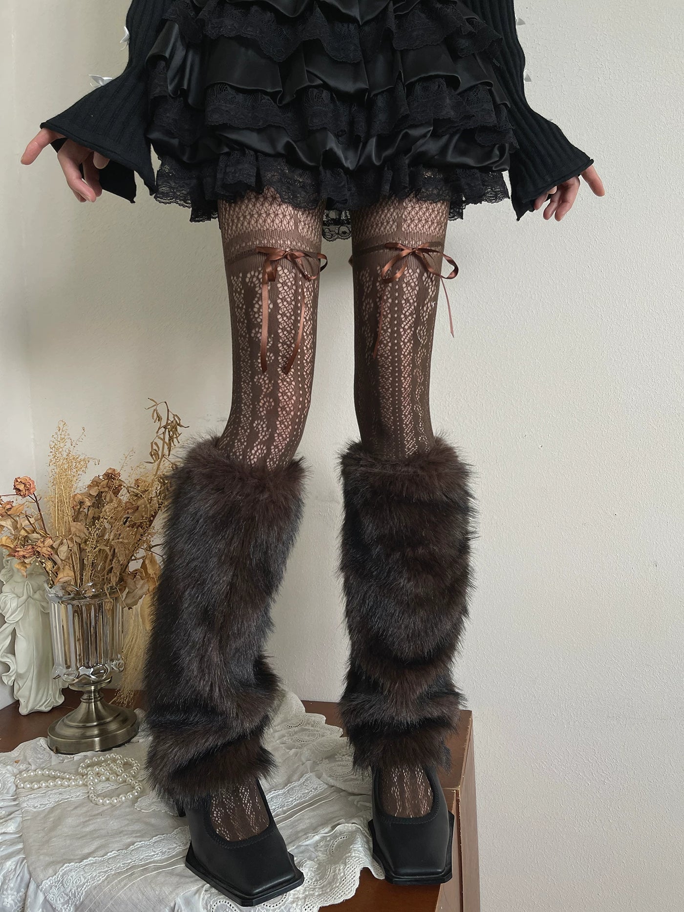 Sock Noble - Cocoa Fur - Brown Lace Tights and Sock Covers with Ribbon Ties and Fur Sections
