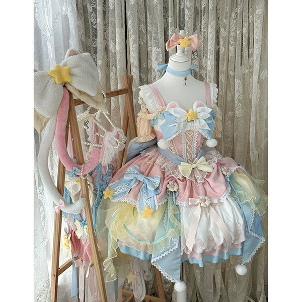 Mengxiaodou - Magical Girl Princess - Pink and Blue JSK with White Flower Motif
