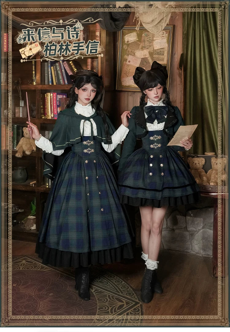 With PUJI - Berlin Souvenir - Plaid Preppy Style Lolita Bust Supporting JSK Outfit detail view 6