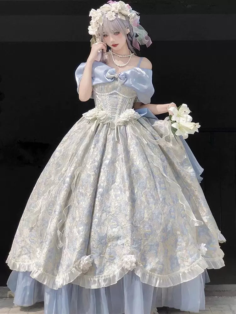 Blue + petticoat variant of the Romanesque Garden Lolita Ballgown, showing full skirt volume