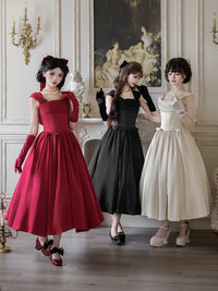With PUJI - For Beloved - Classic Lolita Satin JSK Dress Set, Fishbone Waist - 红色蝴蝶结别针一对(均码,拍M) 现货 / M