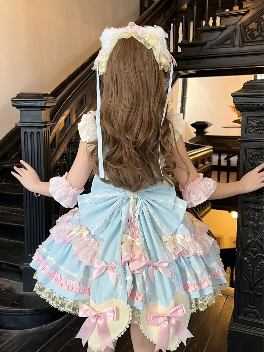 Creamy - Candy Pastel Princess - Pastel Blue-and-Pink JSK Dress with Layered Lace Ruffles