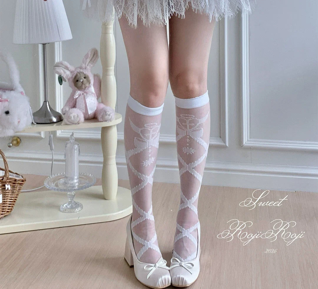 Lolita Cross Printed Socks with Layered Lace Trim Cuff White Mid-calf Socks (without lace trim)