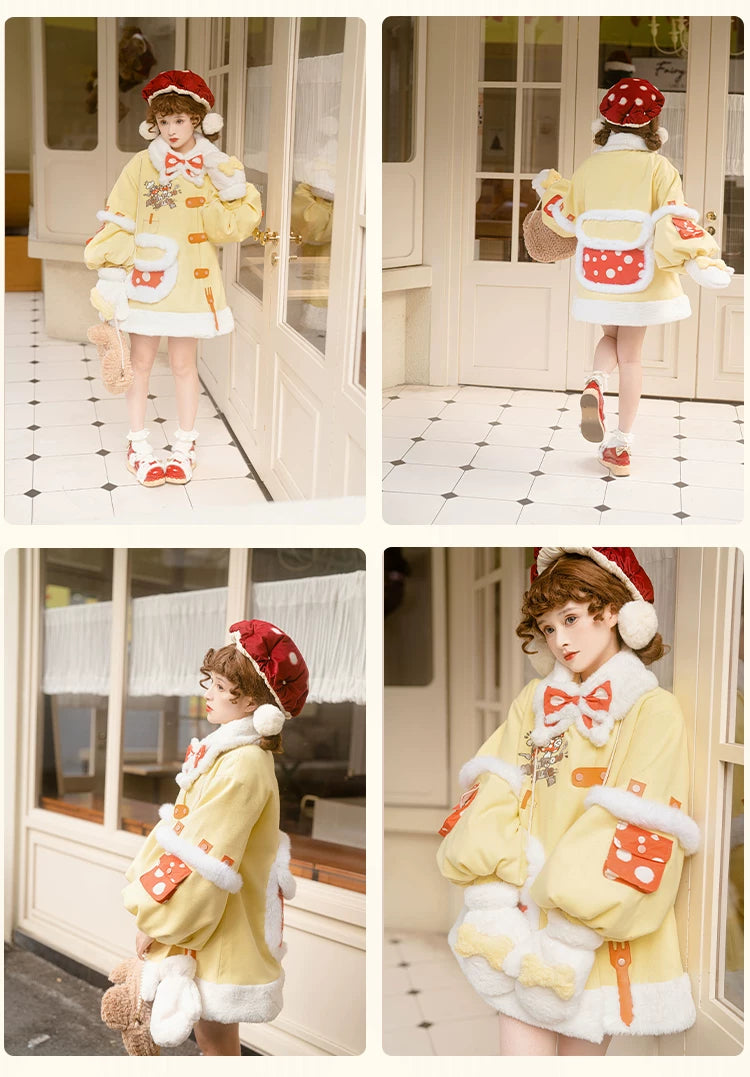 Baozi Pig - Mushroom House - Yellow padded jacket with mushroom-house embroidery