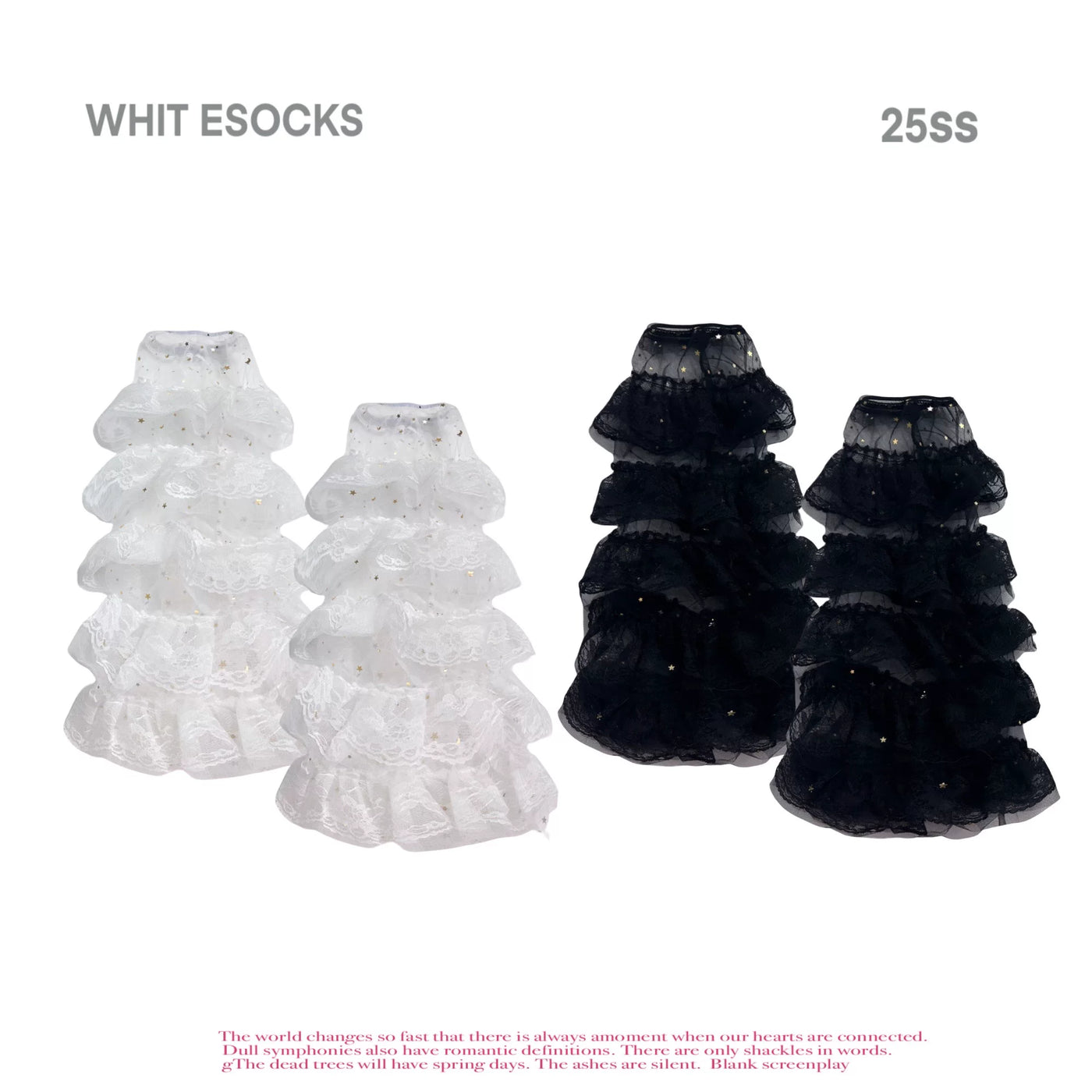 White Socks - Mesh Ruffle - Layered Mesh-and-Lace Calf Socks with Slouchy Ruffles