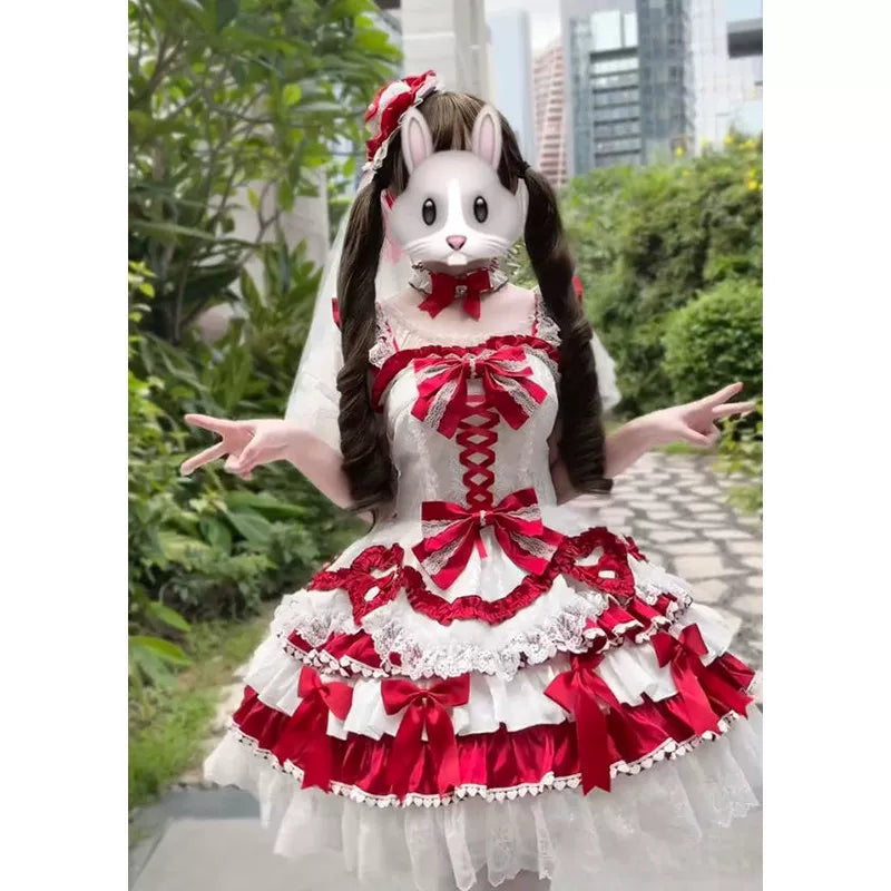 Creamy - Red Sweet Ballet - Lolita Skirt Set with Layered Red-and-White Ruffles