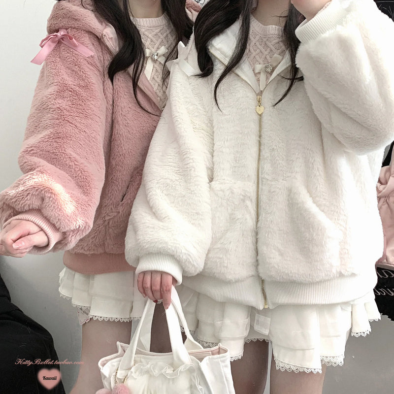 KittyBxllet Lace-Up Bunny Plush-Ear Zip Jacket — White