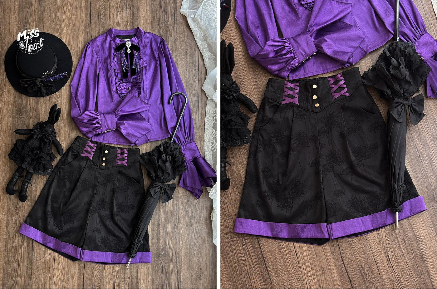Moonnight Return - Ouji Lolita Jacquard Pants & Shorts, Side Pockets Purple - Shorts Only XS