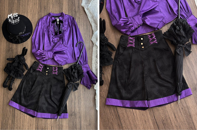 Moonnight Return - Ouji Lolita Jacquard Pants & Shorts, Side Pockets Purple - Shorts Only XS