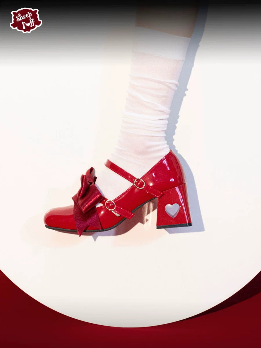 Sheep Puff Valentine Bow Mary Jane Shoes featuring cute sheep puff design and red bow, perfect for kids' stylish footwear.