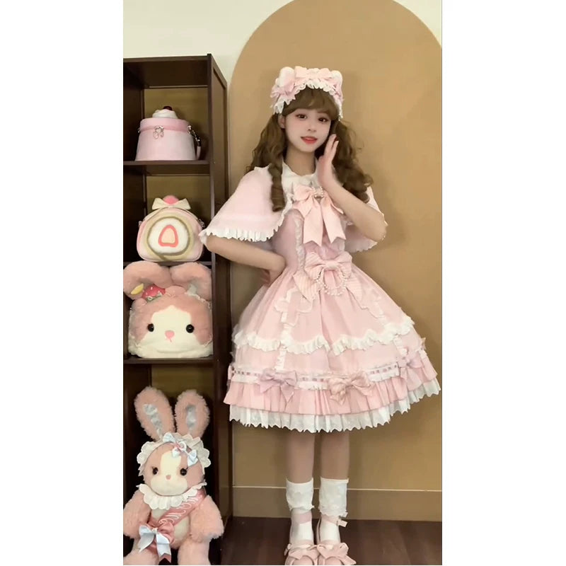 Creamy - Pink Cat Doll - JSK and Cape Set with Layered Ruffles