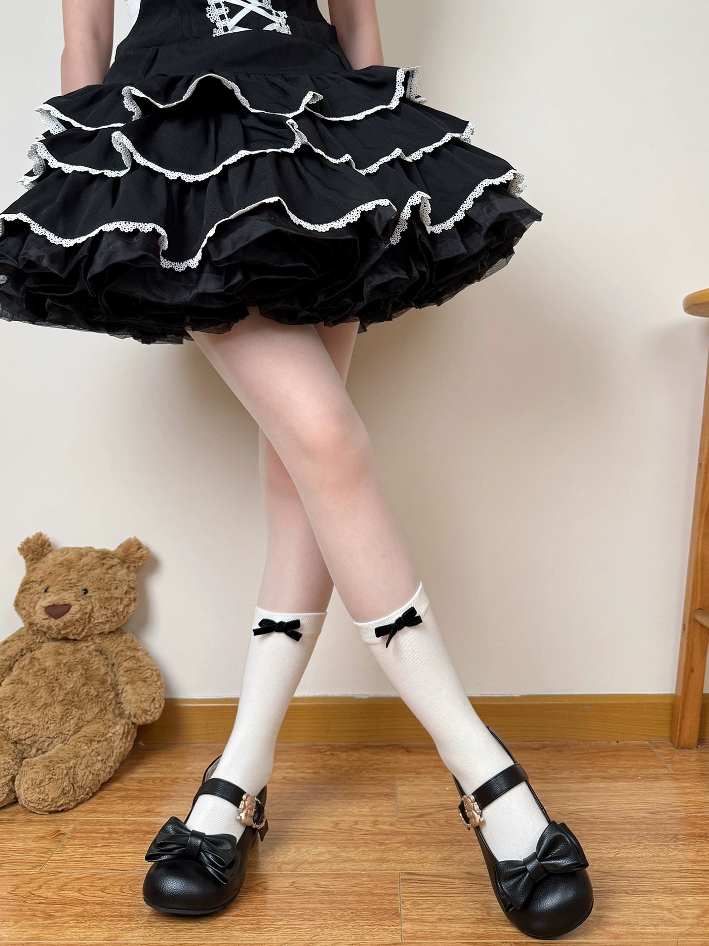 Chubby Bear Tales - Lady's Bow Detail - Combed-Cotton Socks with Black Bows