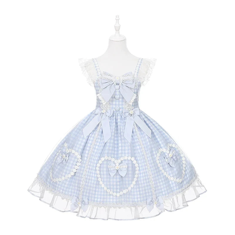 To Alice - Daisy Cake - Blue Plaid Sweet Lolita JSK Dress with Daisy-Trimmed Bows
