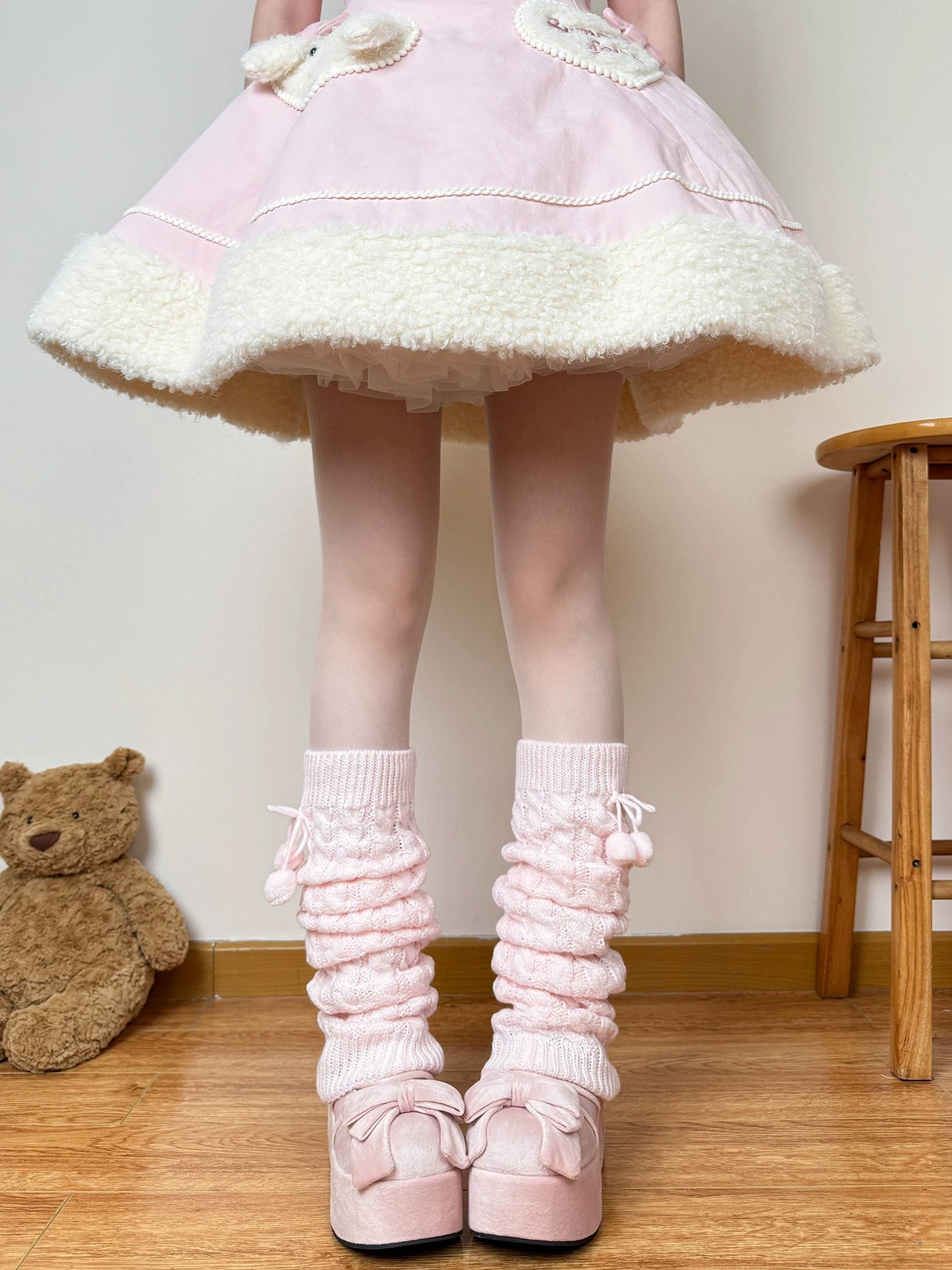 Chubby Bear Tales - Pom-Pom Cable Knit - Cable-Knit Leg Warmers with Pom-Pom Ties