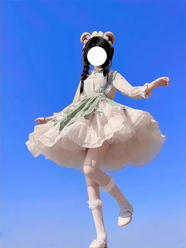 Creamy - Green Countryside - Vest, Shirt and Short Skirt Set with Layered Ruffles