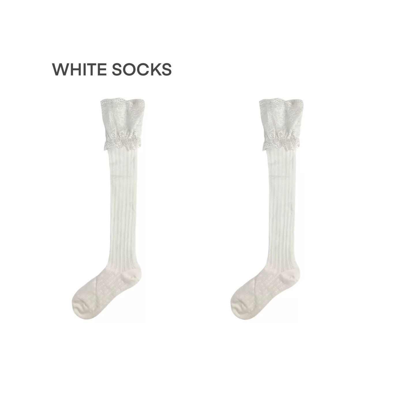White Socks - Lace Cuff Stripe - Lace-Cuff Slouch Mid-Calf Socks with Vertical Stripes
