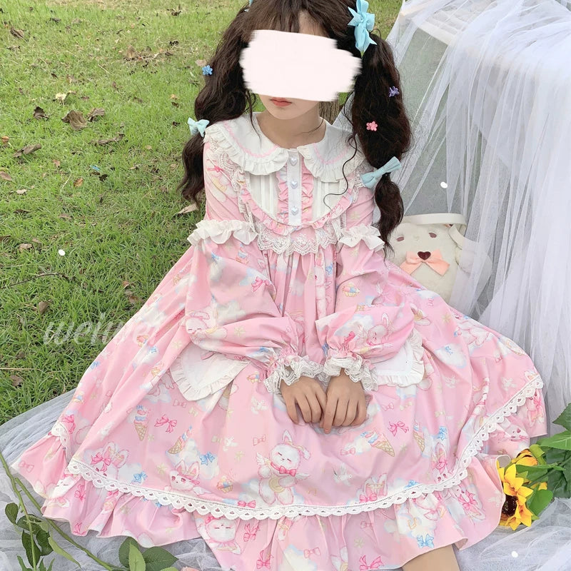 Lady Han Soft Sweet Bunny Lolita dress featuring a pastel pink and white design with bunny motifs and lace details.