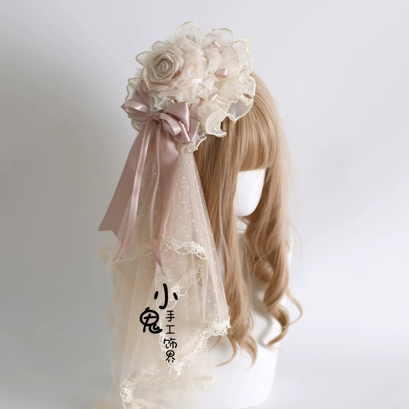 Xiaogui - Elegant Champagne Lolita Headdress - Floral & Bows Headwear