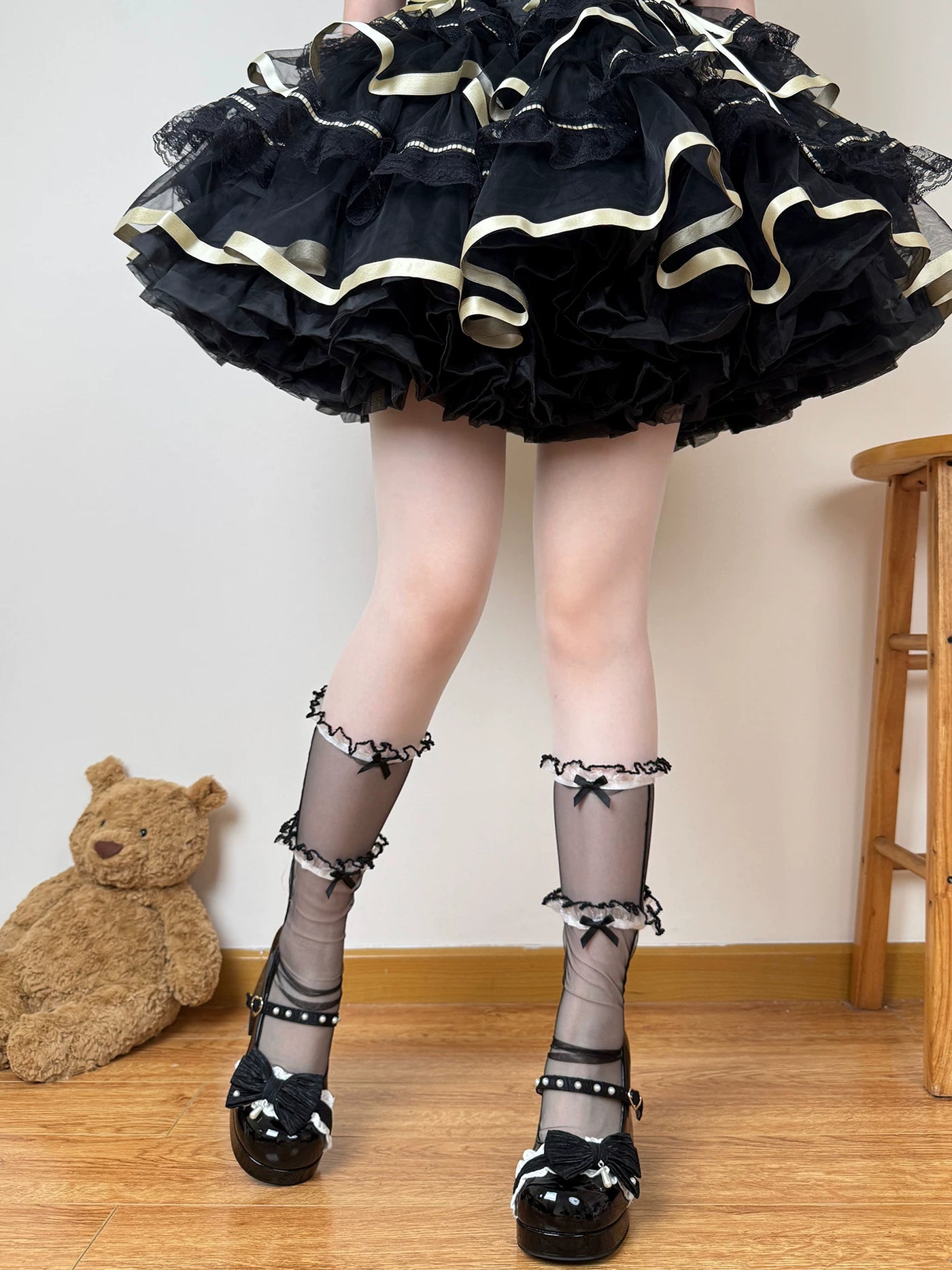 Chubby Bear Tales - Ballet Mesh Bow - Sheer Mesh Mid-Calf Socks with Ruffle Trim
