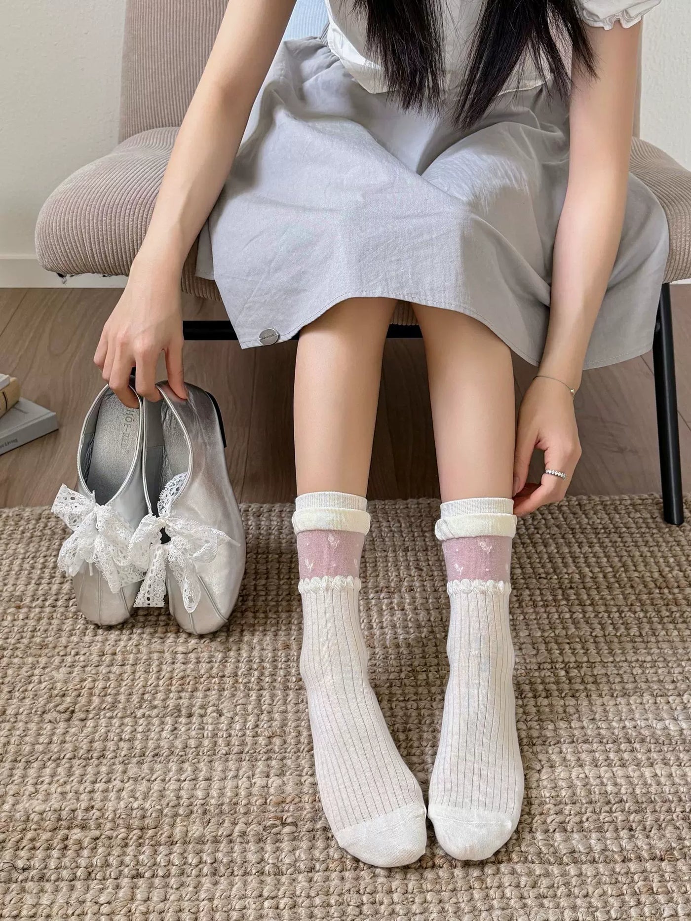 Fantasy Doll - Ballet Bow - Mid-Calf Socks with Pink Bow and Floral Options