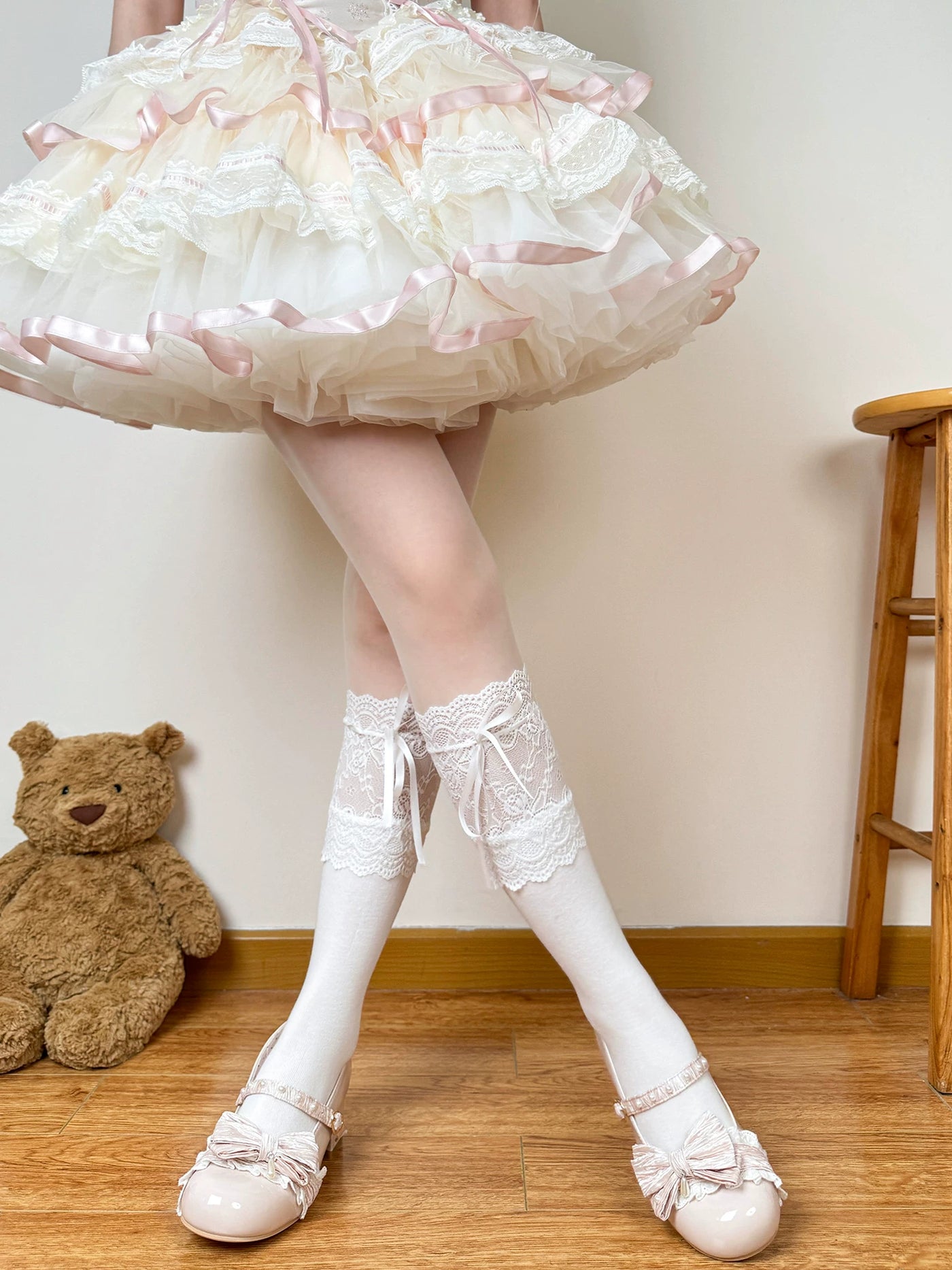 Chubby Bear Tales - Cream Ballet - Lolita Socks with Lace and Ribbon Details