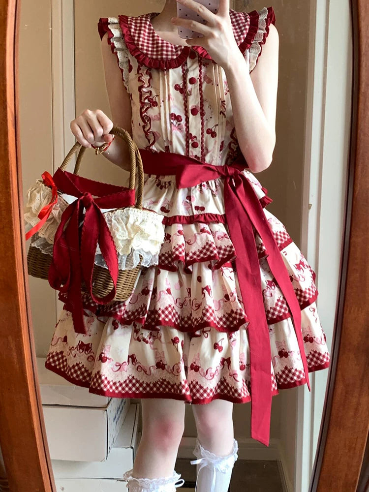 Dream Bunny - The Cherries Are Ripe - Cherry-Print Lolita Fashion Set with Gingham Ruffles