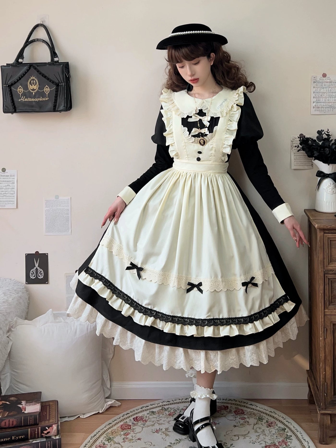Classical Maid Gothic Lolita OP full set with cream apron, black tiered skirt, ruffled collar and gold cameo brooch