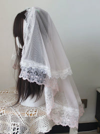 Deer Girl Handmade - Cherry Blossom Confession - Headwear with pink bow and lace-trimmed veil options - Veil Only (Double Layer, 75 cm Long)