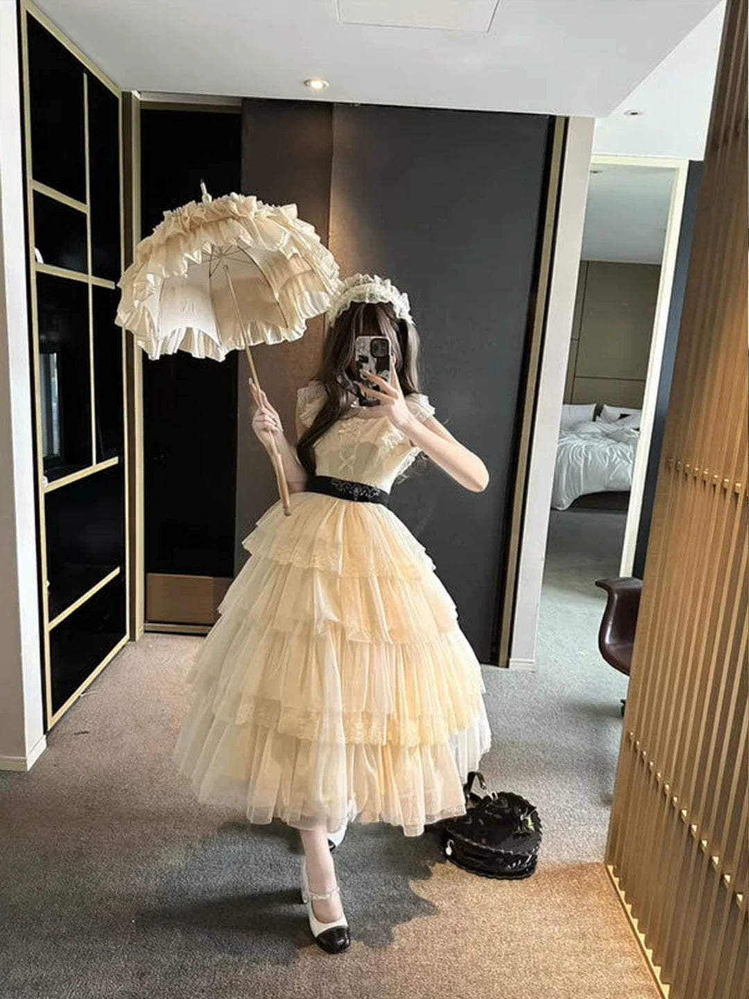 Creamy - Natural Cream - OP dress with a tiered cake skirt and belt