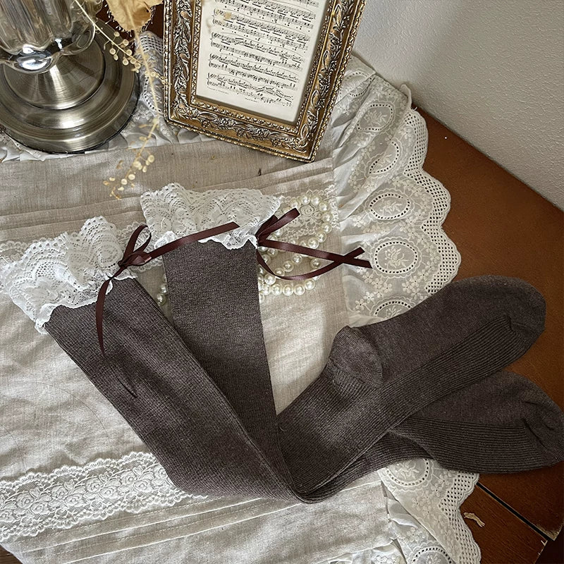 Sock Noble - Mocha Lace-Tie Layers - Brown Socks with White Lace Cuffs
