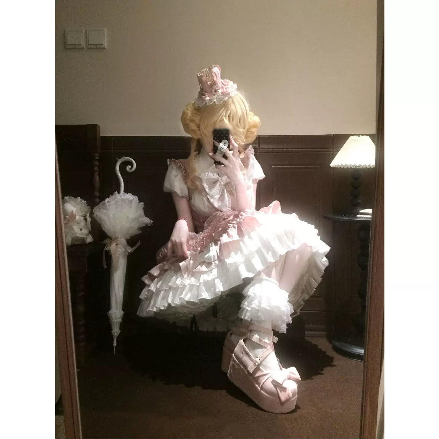 Creamy - White-Pink Heartbeat - Three-Piece Blouse and Bust-Support Skirt Set with Large Bow