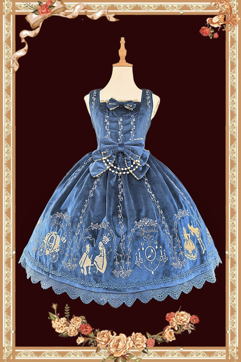 Cinderella - Velvet Classic Lolita JSK Dress, Princess Embroidery Velvet JSK - Dark Blue with Apricot Embroidery S