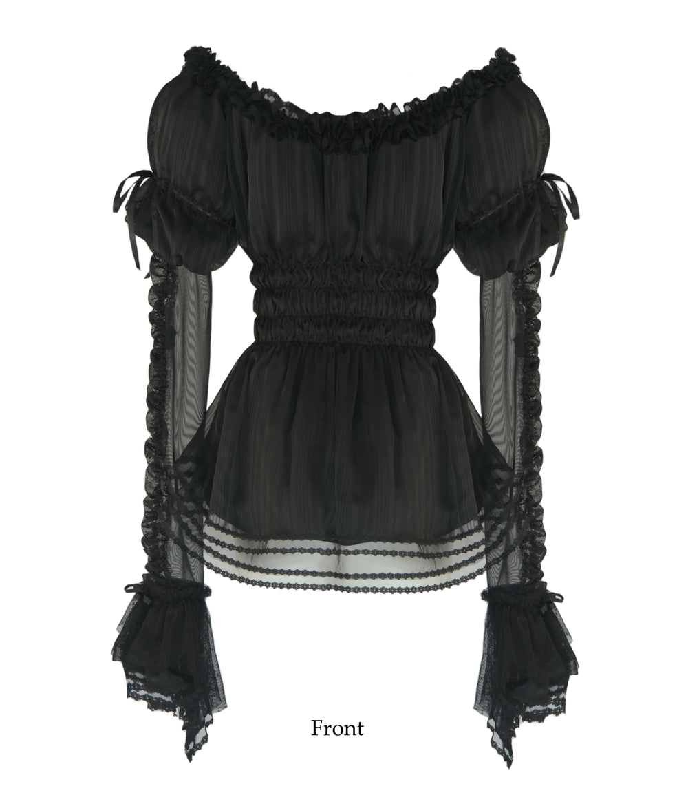 Nololita Dream in Dream black bateau-neck blouse with gathered sleeves and ruffle trim.