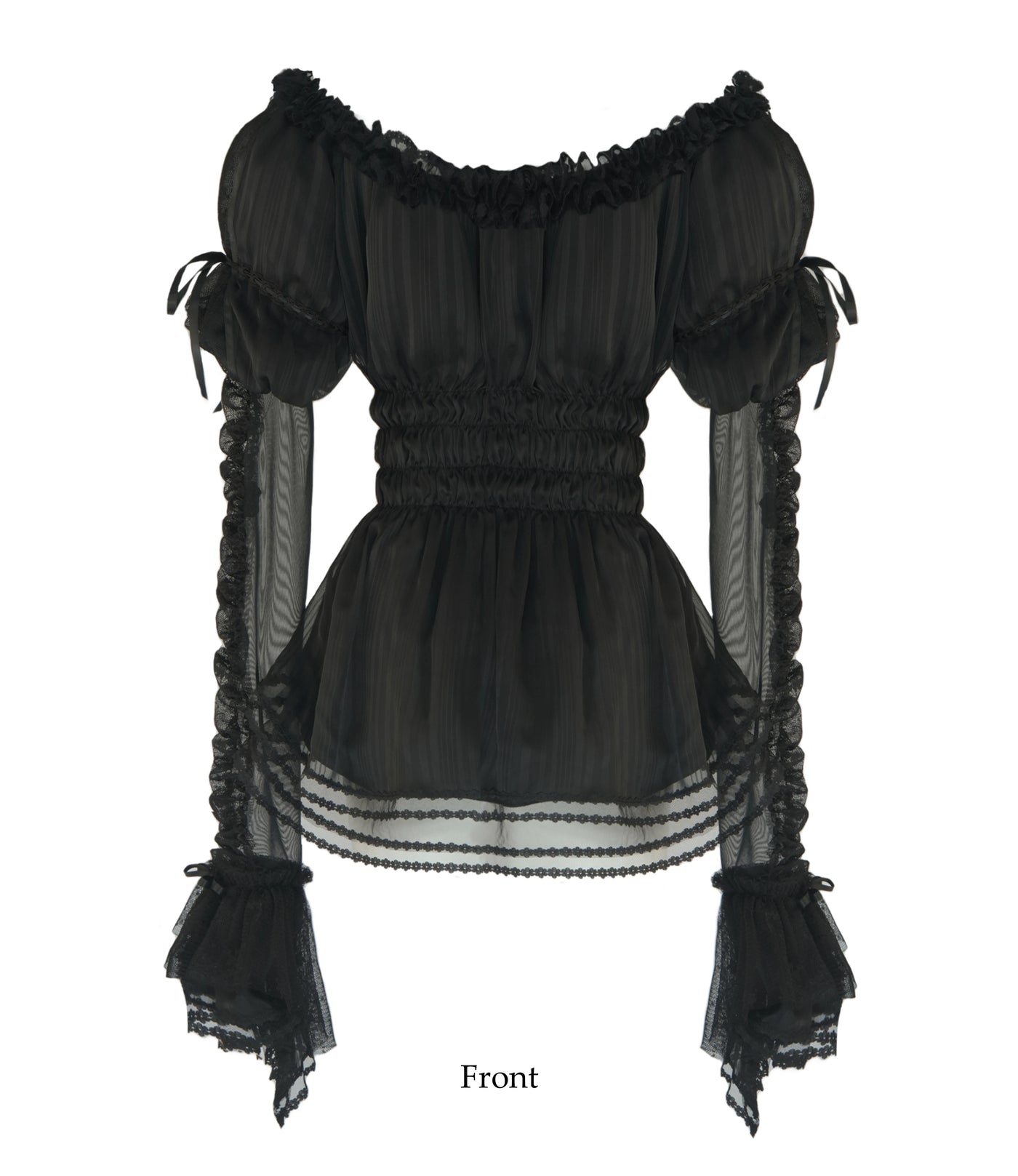 Nololita Dream in Dream black bateau-neck blouse with gathered sleeves and ruffle trim.